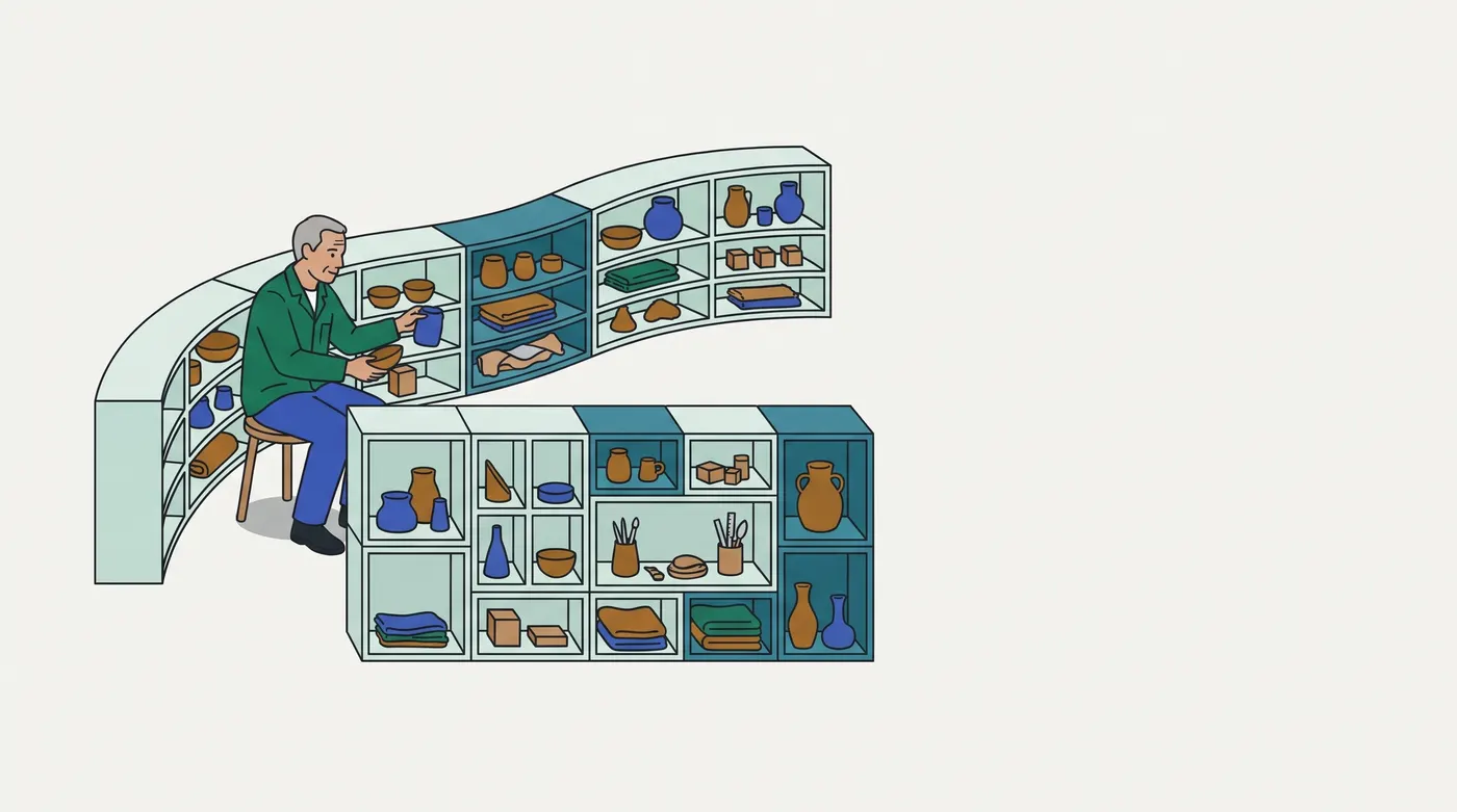 A grey-haired man on a stool places a blue jar into a long, curving run of cubbies, beside a lower cube cabinet whose compartments form a grid, some spanning two cells.