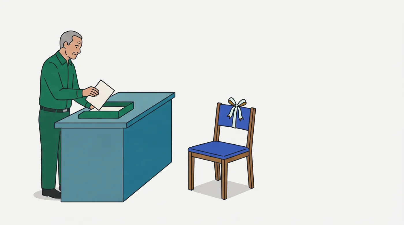 an older man in a green shirt stands at a blue desk and drops one sheet of paper into a green tray. To the right stands an empty blue chair with a pale ribbon tied in a bow on its backrest. No visitor is in the picture, and there is no text. Read it as: the tray is the form handed to the action; the ribbon is a provisional mark on the seat, the optimistic value.