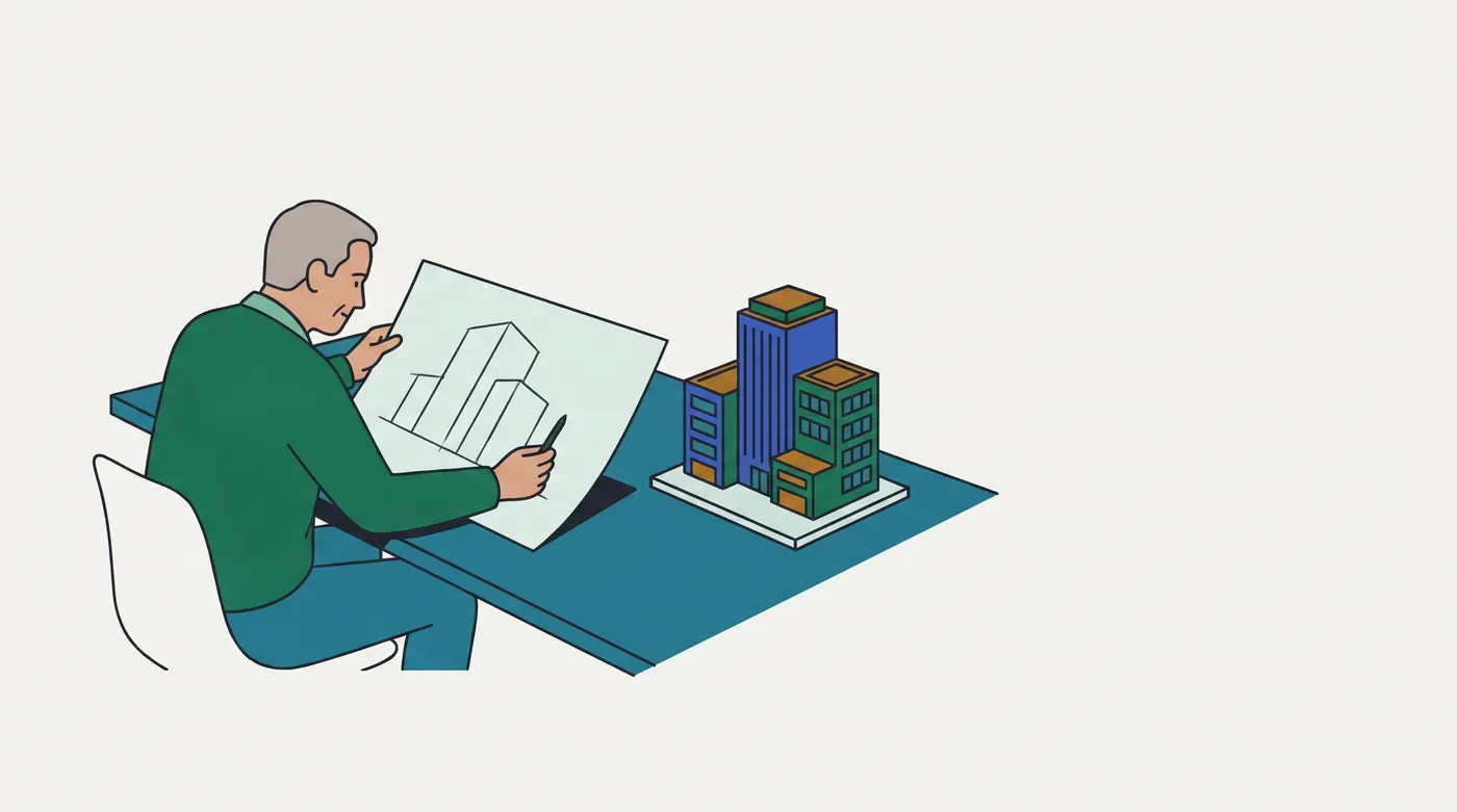an architect drafting a building on a loose sheet while a finished model stands untouched beside it. Draft = render, model = committed DOM.