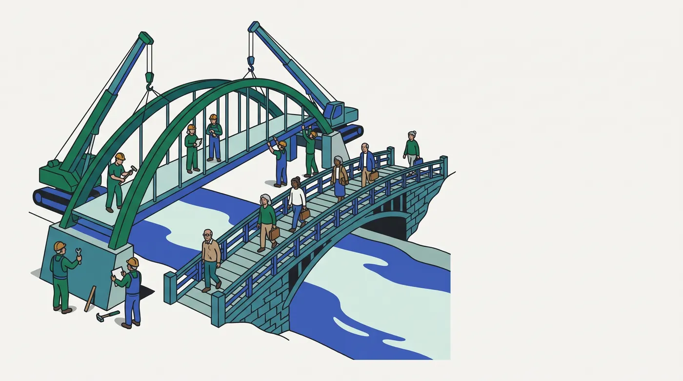 A new green steel arch footbridge is being built beside an old stone footbridge over a river, while people with bags keep walking across the old one.