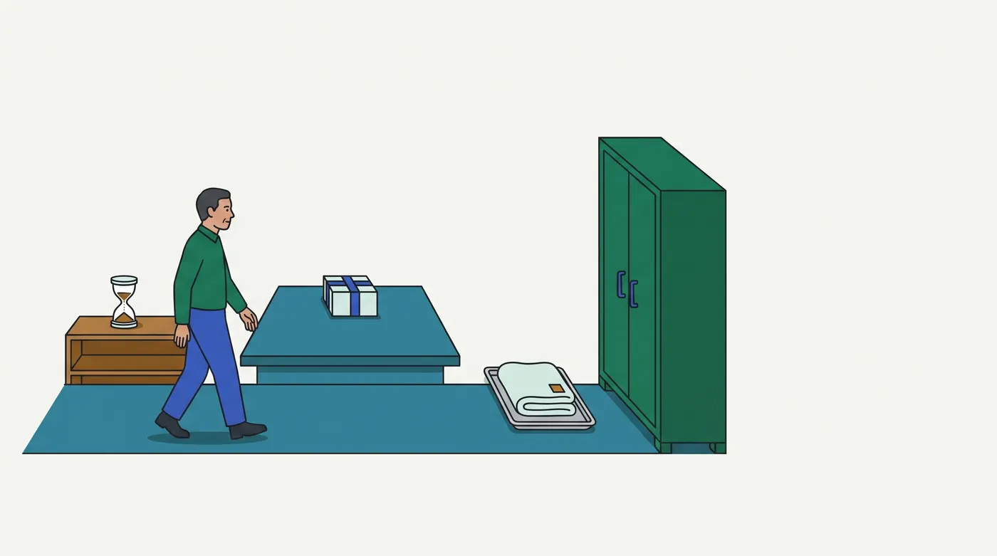 a dark-haired man in a collared green shirt and blue trousers walks left to right along a teal floor strip. He passes a low wooden cabinet with an hourglass on top, a teal counter with one wrapped parcel, a metal tray on the floor holding a folded pale cloth, and, at the right end, a tall green two-door cabinet. There is no text. The right quarter of the canvas is empty.