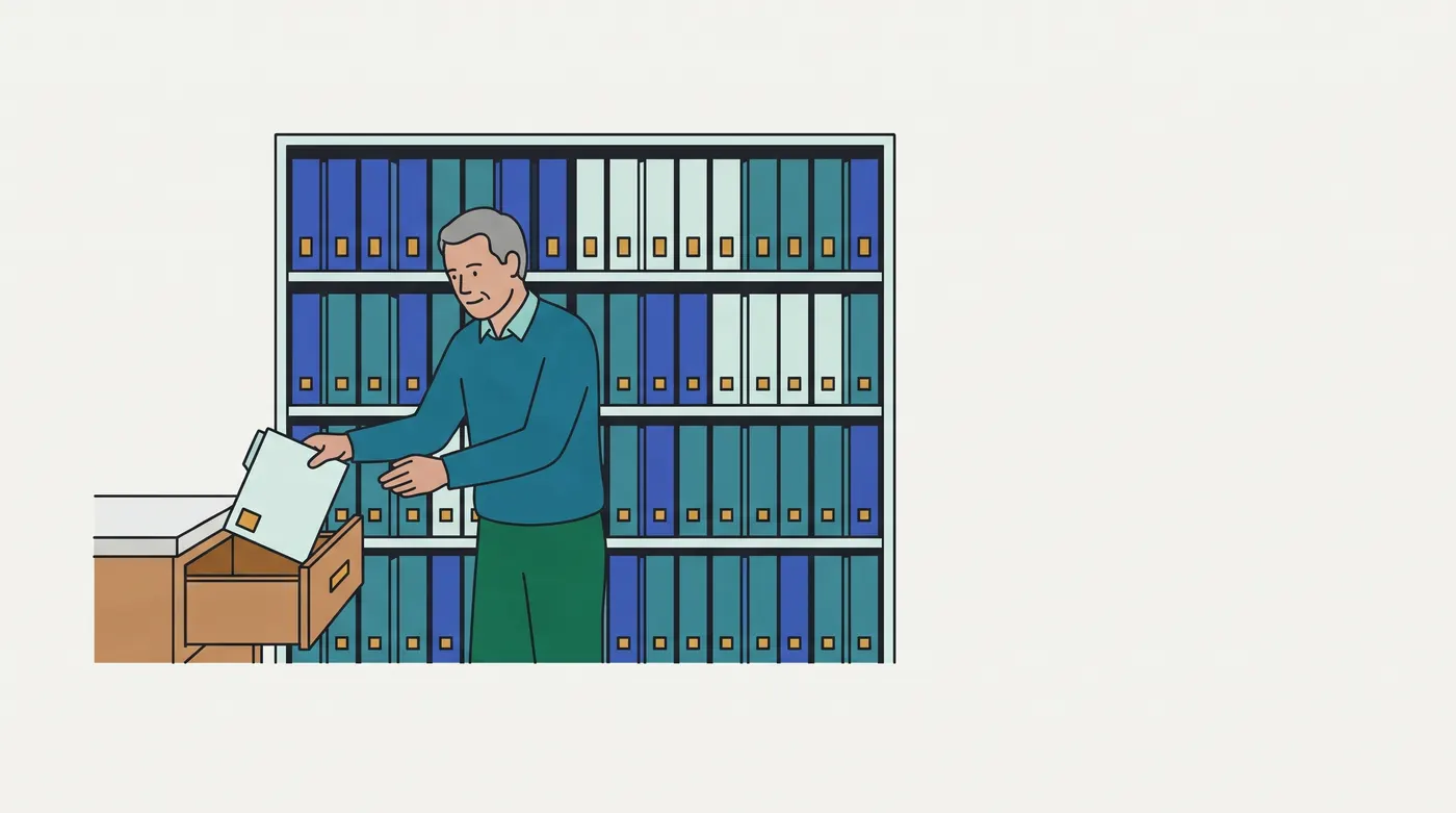 a grey-haired clerk in a teal jumper stands in front of a tall shelf of blue, teal and white binders and drops a pale folder into an open wooden drawer beside a desk: a miss in the near drawer filled from the large archive.