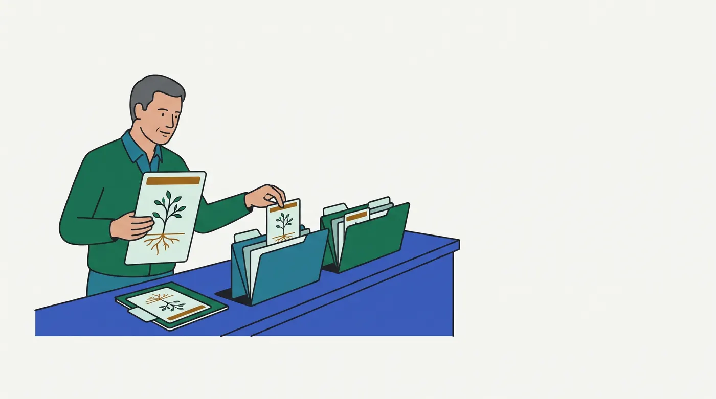 A grey-haired man holds a large illustrated master card while slipping a small copy into one of two open folders on a blue desk; another card lies flat.