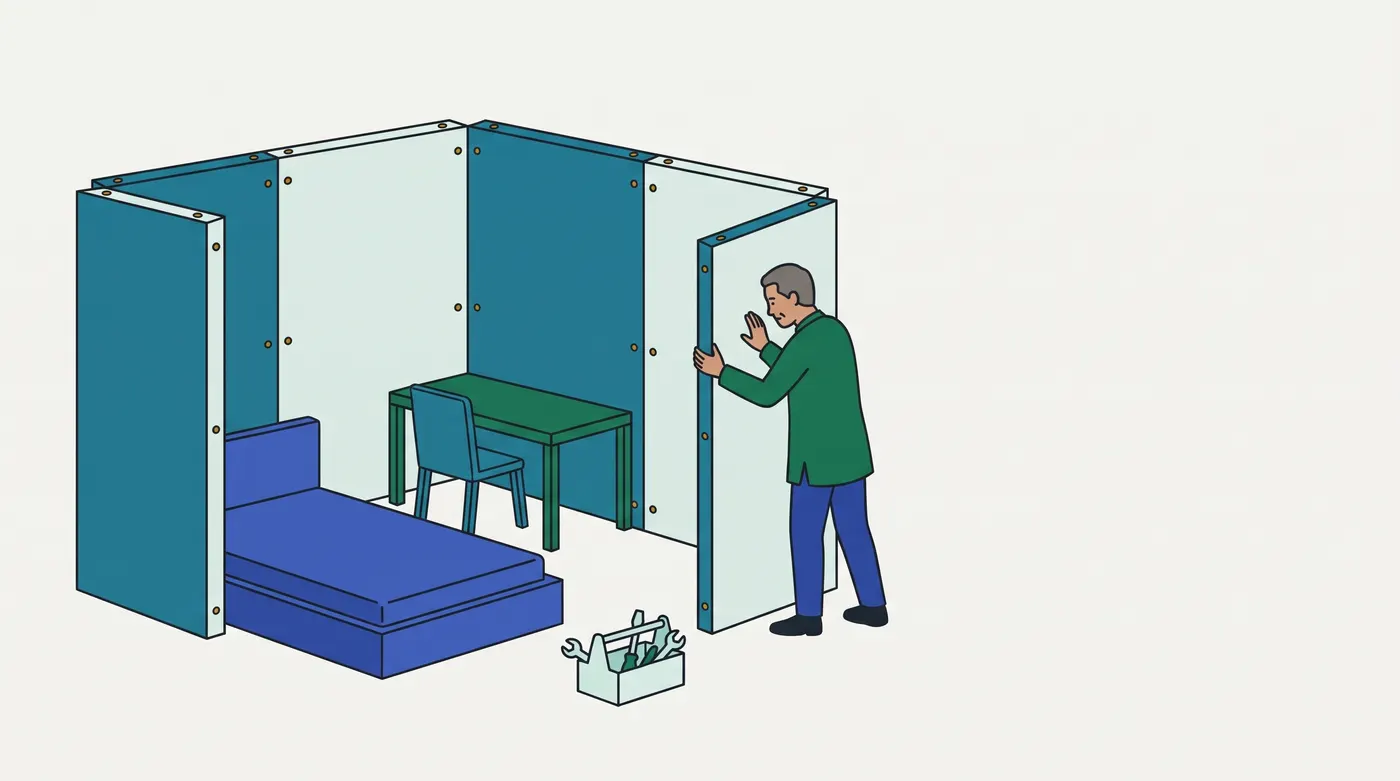 A man in a green jacket fits a pale wall panel onto the open side of a small room built from bolted teal and pale panels; inside stand a blue bed, a green desk and a teal chair, and a toolbox lies on the floor.