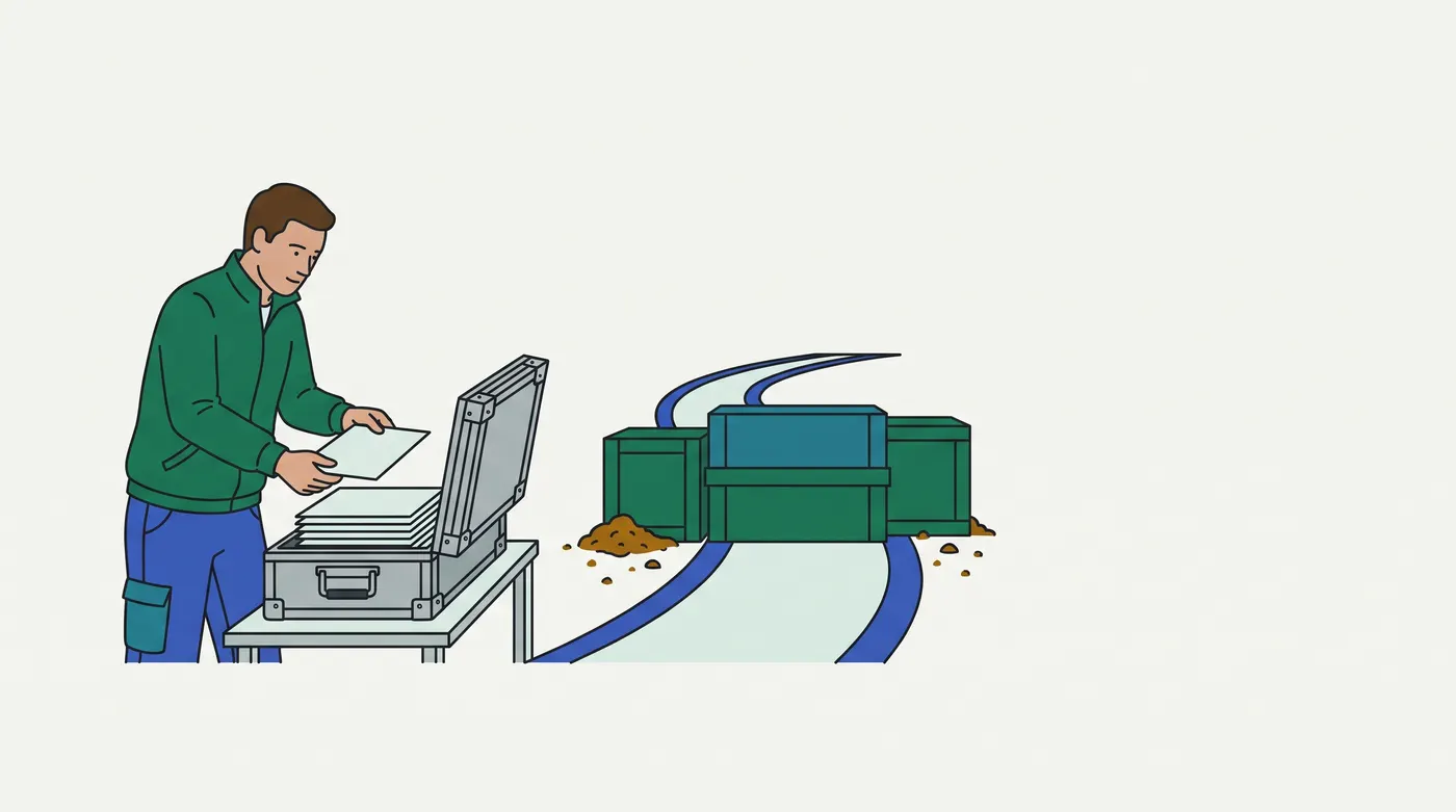 a field worker places pale forms in a portable grey case while the delivery road is blocked. Curved blue road edges lead toward green-and-blue freight containers. It suggests locally prepared work awaiting a later handoff.