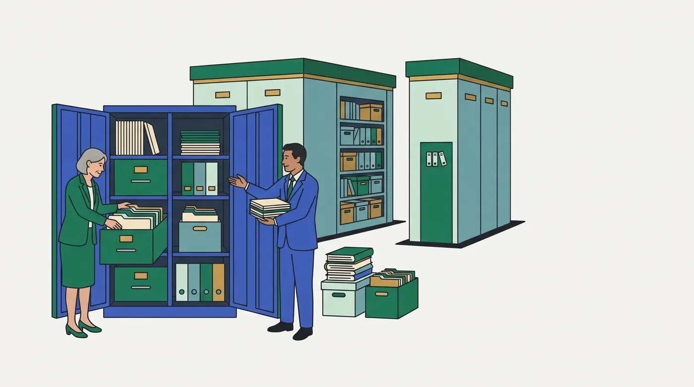 on the left, a tall blue double-door cabinet stands open; its shelves are divided into sections holding green drawers, binders, folders and a grey file box. A grey-haired woman in a green suit pulls folders from an open drawer, and a man in a blue suit holds a stack of papers and gestures towards the cabinet. Behind them stand two separate pale green archive buildings with green roofs: the larger has an open bay of shelves with boxes and binders, the narrower a green door with binders pinned to it. On the floor to the right are a stack of books and two file boxes.