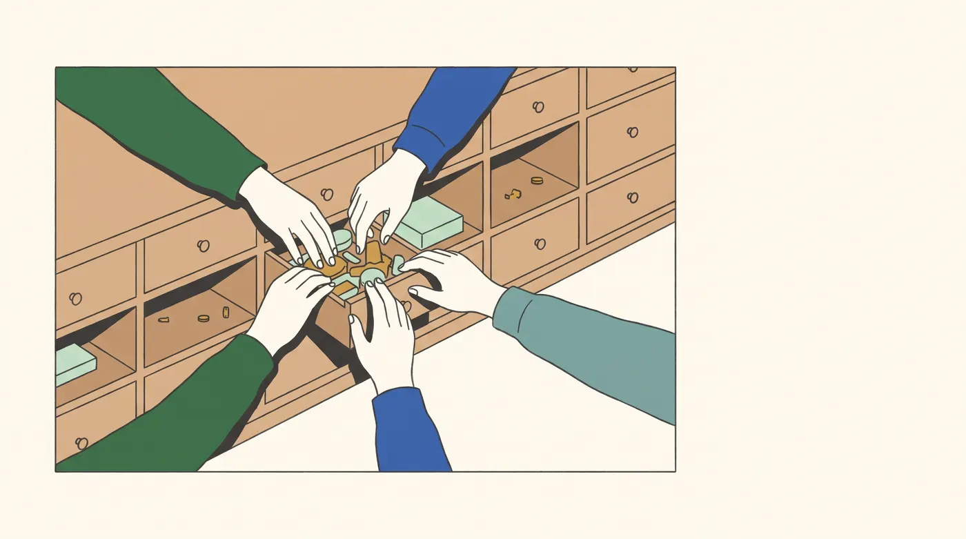 many hands reaching toward one small shared drawer while the neighbouring drawers stay quiet and nearly empty (the asset map's description).