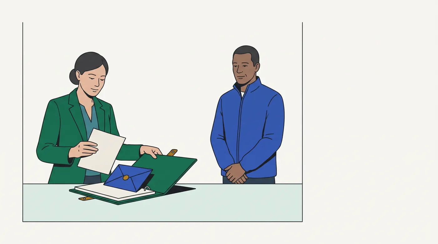 A clerk in a green jacket holds a loose sheet while lifting a green binder's cover over a sealed blue envelope; a man in a blue jacket waits apart.