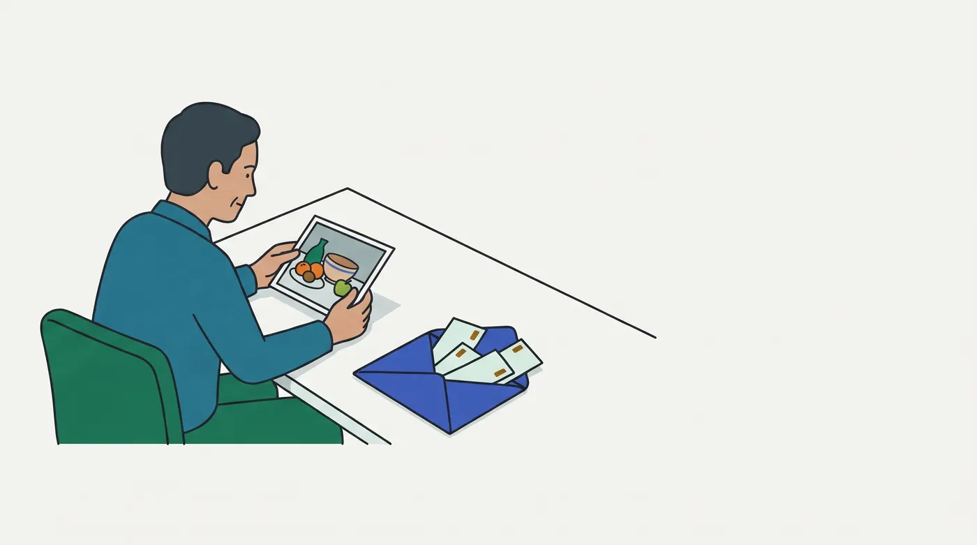 a person at a desk studies one developed photograph of a still life. Beside it, several paper slips sit in an open envelope, not yet applied. The photograph stands for the render's snapshot, and the slips for queued updates.