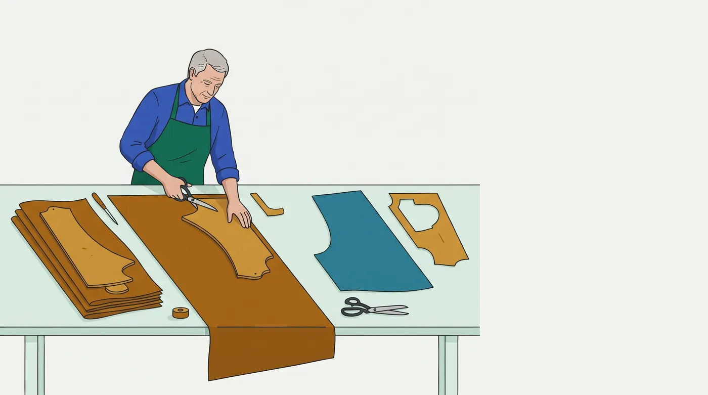 a tailor cuts a long brown fabric along a curved tan paper pattern with a scalloped end. On the left, a stack of brown fabric carries a second pattern of a different, straight-sided outline with a round tab. On the right, a teal fabric piece lies with no pattern on it, next to a separate pattern with a cut-out window; a small hooked pattern piece, scissors, an awl and a tape roll sit on the table. The right third of the image is empty.