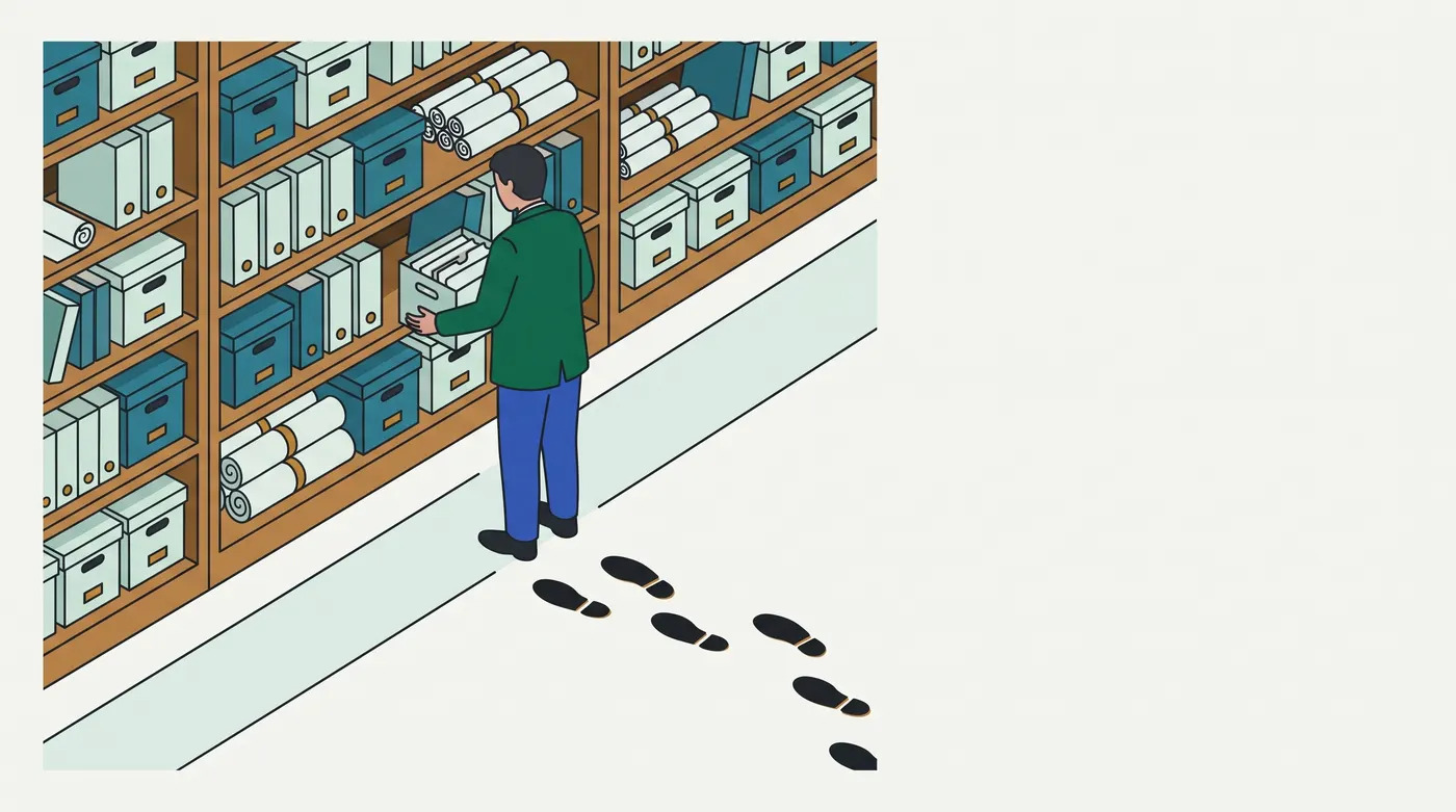 a man in a green jacket and blue trousers, seen from behind, pulls a pale file box from a wooden archive shelf of teal and white boxes, binders and rolled plans. A pale strip runs along the aisle floor, and a trail of black footprints leads up to him from the lower right. The right third of the canvas is empty.