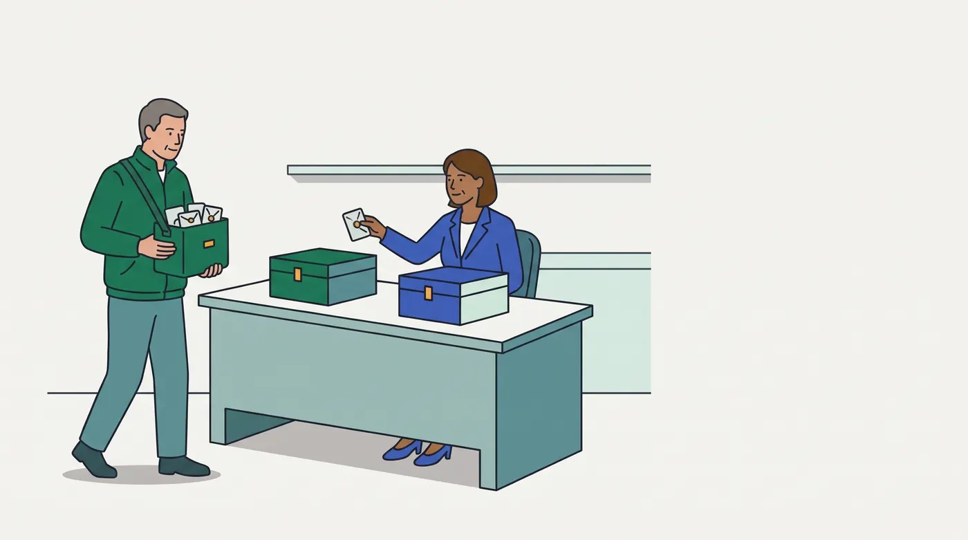 a man in a green jacket walks towards a desk carrying a green box on a shoulder strap, full of small sealed envelopes. Behind the desk a woman in a blue jacket holds up one sealed envelope. On the desk stand two closed boxes, one green and one blue, each with a small clasp.