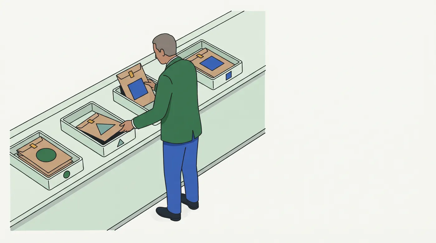 A man in a green jacket sorts brown envelopes, each printed with one large shape, into four trays, three of them marked with a circle, triangle or square.