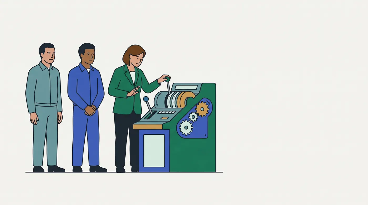 a woman in a green blazer turns a lever on a green mechanical tally machine with number wheels and gears, and holds her other palm up; two men in work overalls stand behind her, waiting their turn.