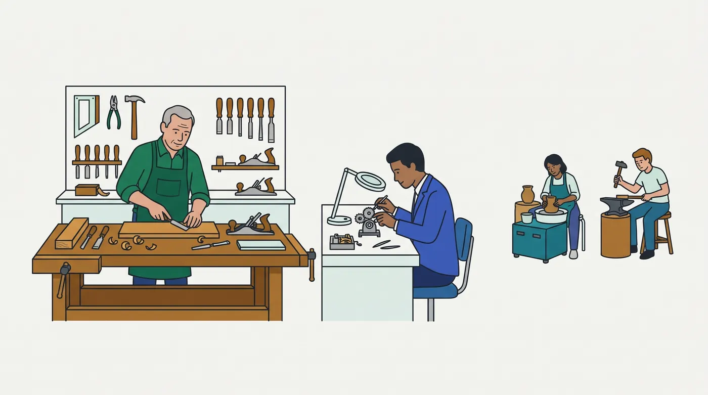 on the left, a grey-haired man in a green shirt and apron chisels a board at a large wooden workbench, with a pegboard of hand tools (a square, pliers, a hammer, chisels, planes) behind him. In the middle, a man in a blue jacket sits at a separate white desk under a magnifier lamp, working on small gears with tweezers. On the right, drawn smaller and further away, a woman shapes a pot on a potter's wheel and a man hammers on an anvil. There is no text and no wall between the three areas.