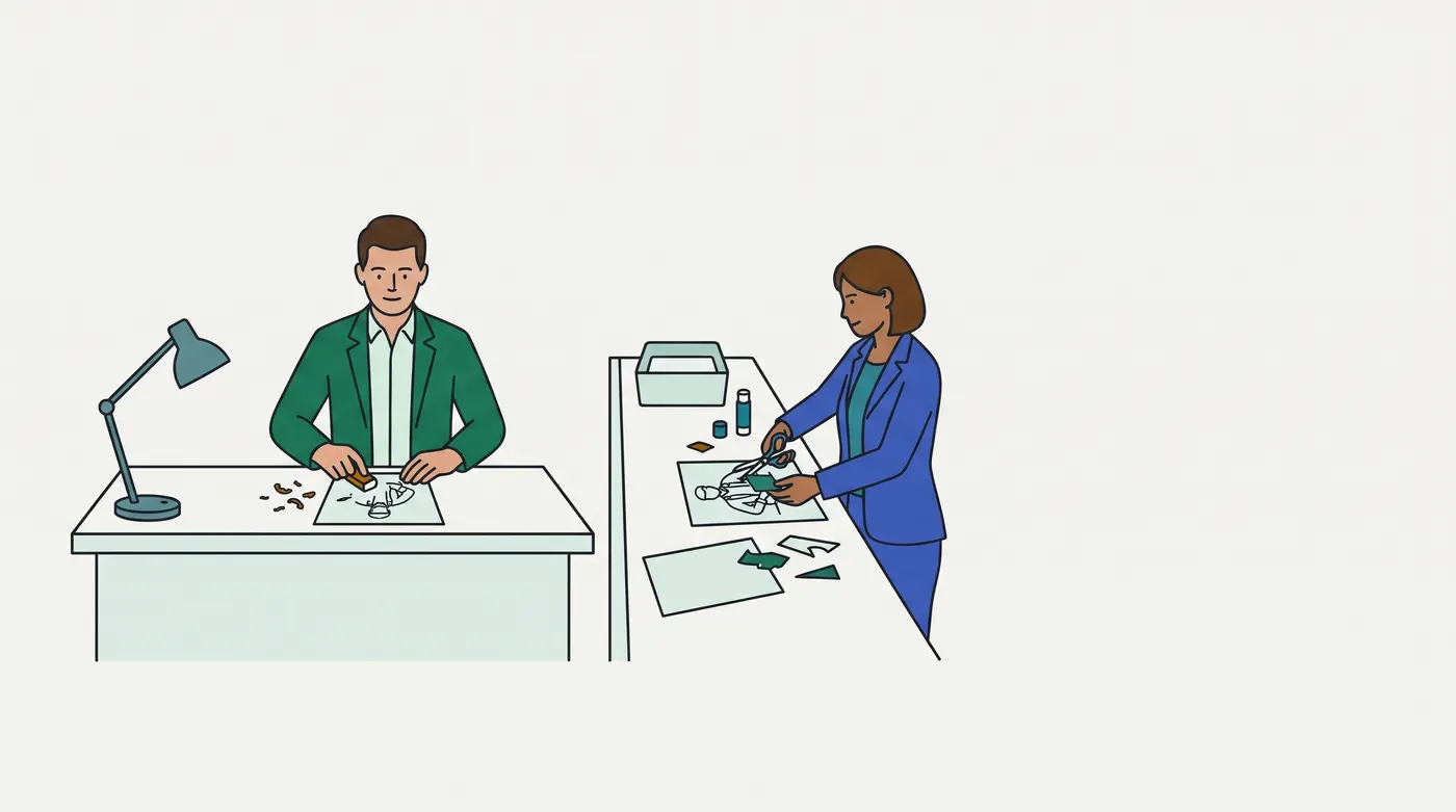 two people at two separate desks, each working on their own sheet with the same line drawing. On the left, a man in a green jacket rubs part of his sheet out with an eraser beside a desk lamp. On the right, a woman in a blue suit cuts a green piece from her sheet with scissors; cut pieces and a spare sheet lie on her desk. (The asset map's alt text speaks of "photocopies of one illustrated master sheet"; no master sheet is visible, only the two copies.)