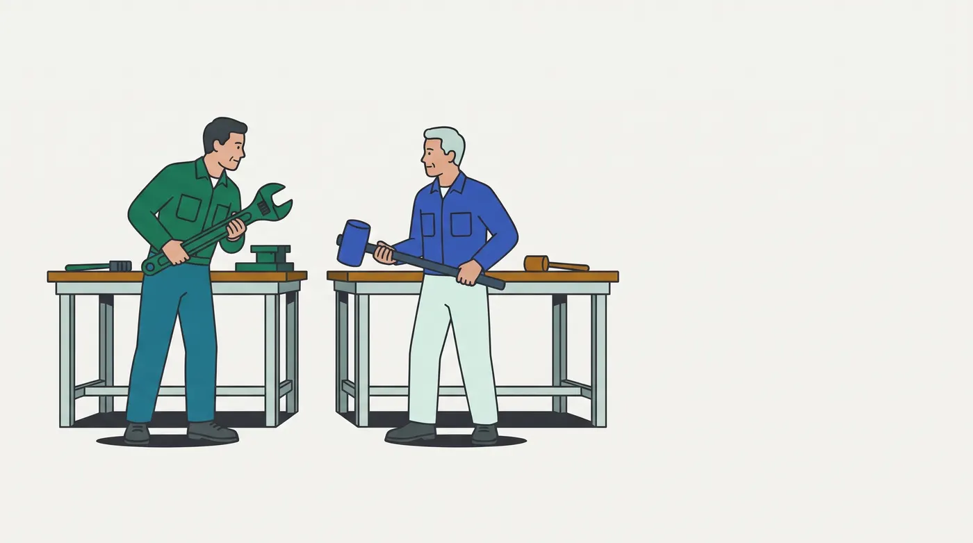 two workers at two separate benches face each other: one in a green shirt holds a large green adjustable wrench, the other, grey-haired, in a blue shirt, holds a blue sledgehammer; a vise, a screwdriver and a mallet lie on the benches. The asset map describes each as waiting for the tool the other holds; the picture itself shows only the holding.