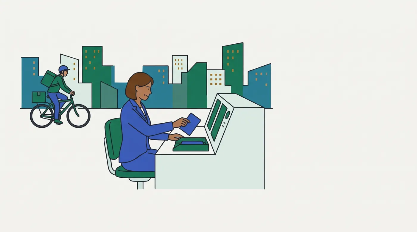 a dispatcher at a desk lifts one blue request card out of a green tray that still holds another blue card, while in the background a courier cycles across the city with a parcel on the rack. It is the section 3 analogy scene. The image does not show which way the courier is heading, so "already on the way" comes from the stem, not the picture.