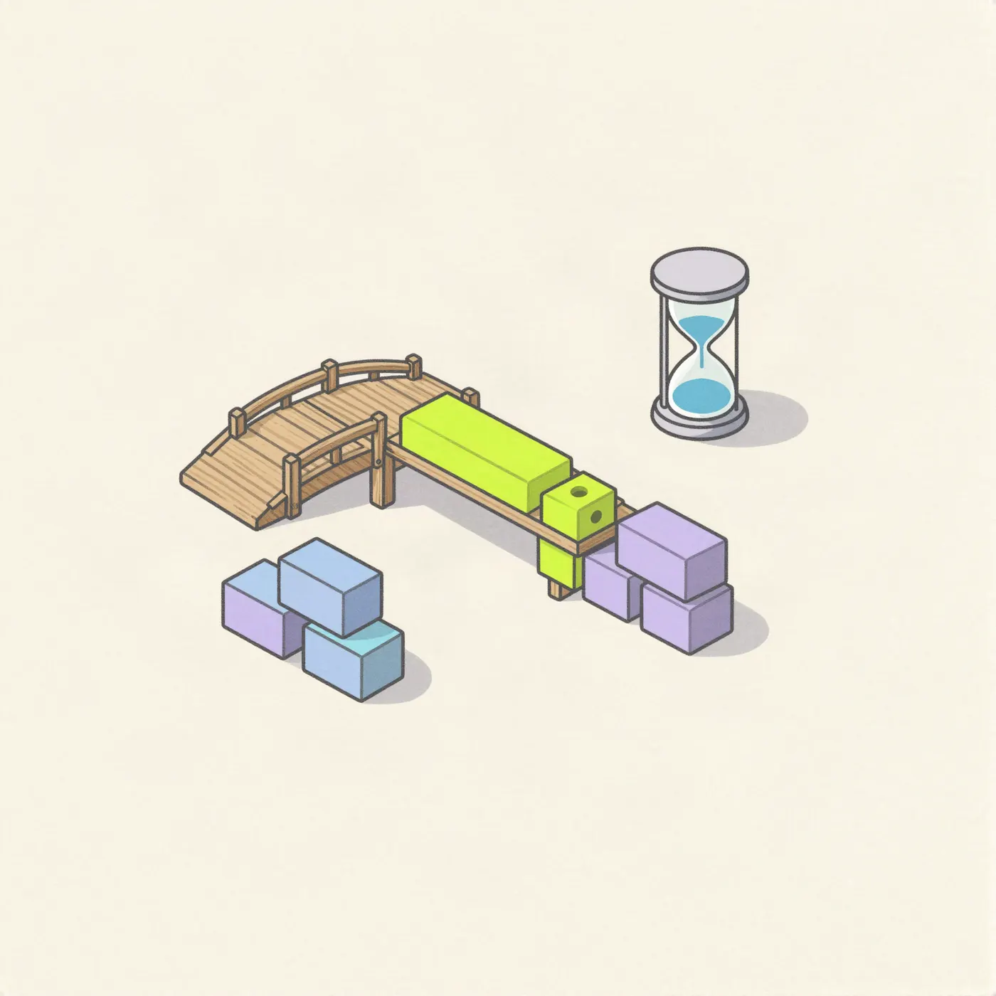 a small finished wooden footbridge with a plank running off one end that holds two lime blocks, two piles of lavender and blue blocks set apart, and an hourglass.