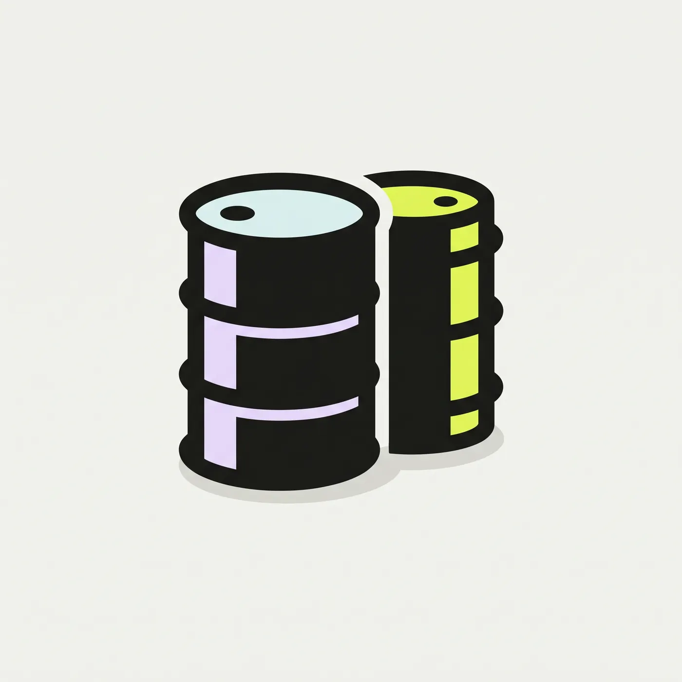 two black storage drums side by side on a pale background: a larger one in front with a pale cyan lid and lavender bands, and a smaller one behind with a lime lid and lime bands. There are no labels, arrows or text.