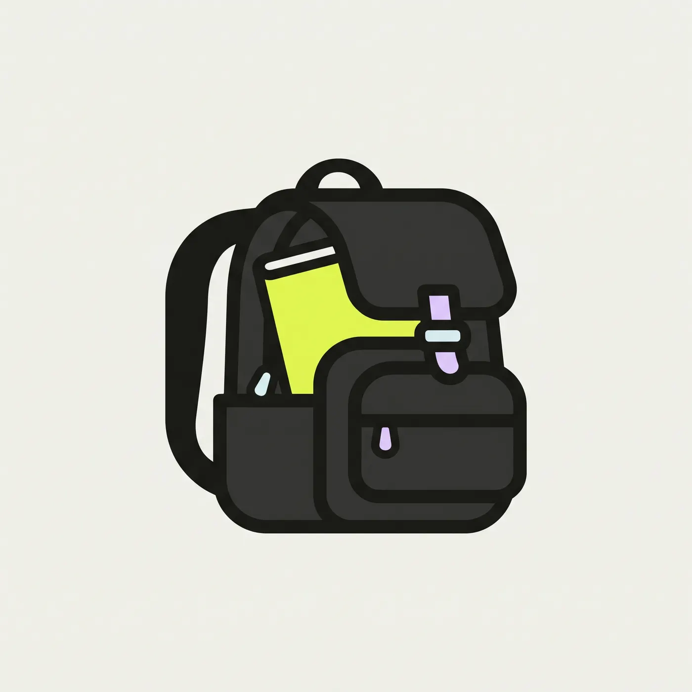 a charcoal backpack with a lavender buckle and zip pull, a lime notebook tucked in its top, on an off-white background (opened 2026-10-16). It stands for "what you carry with you", and nothing more.